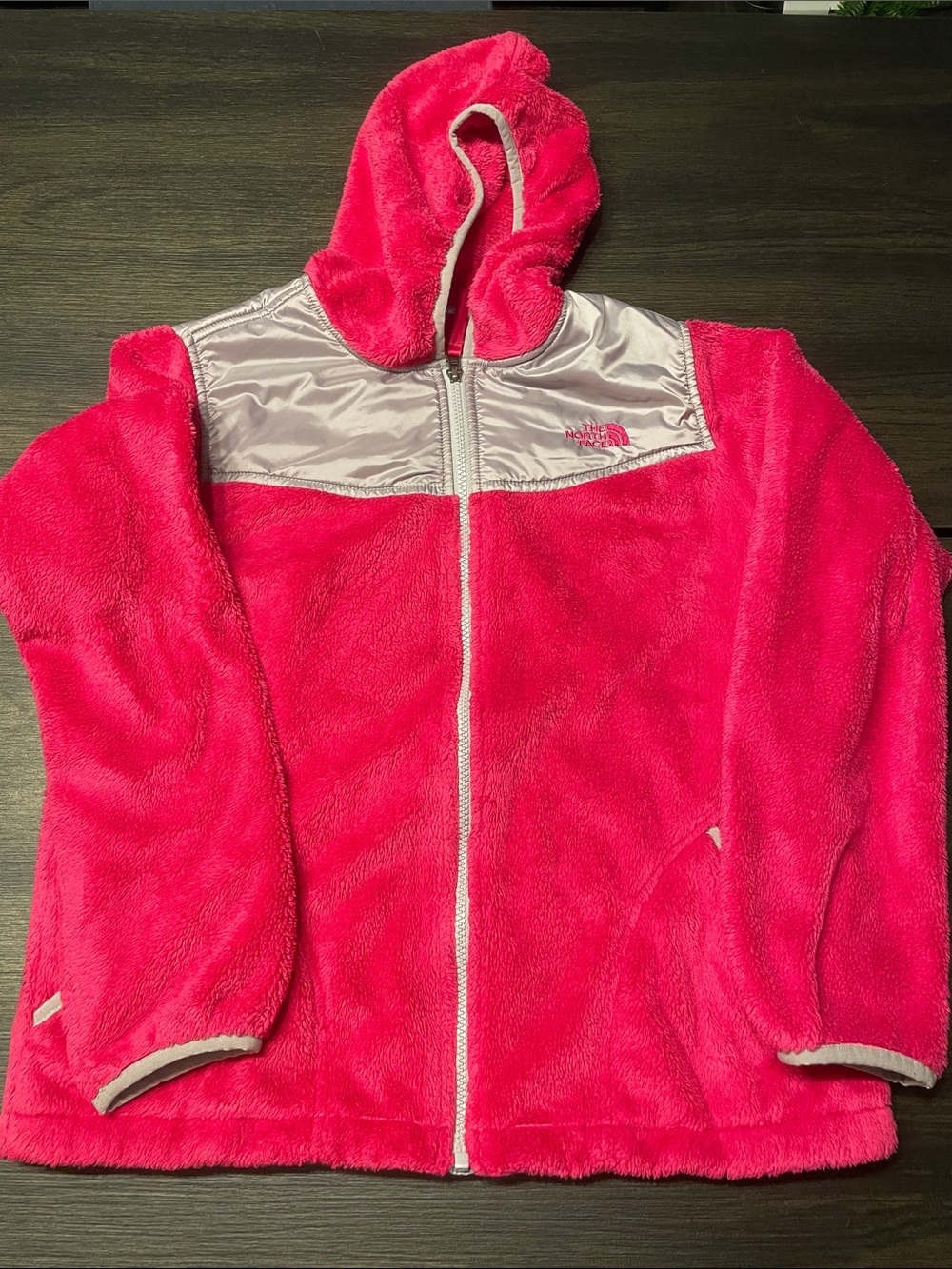 The North Face Bright Pink Hooded Fleece Jacket with Silver Yoke
